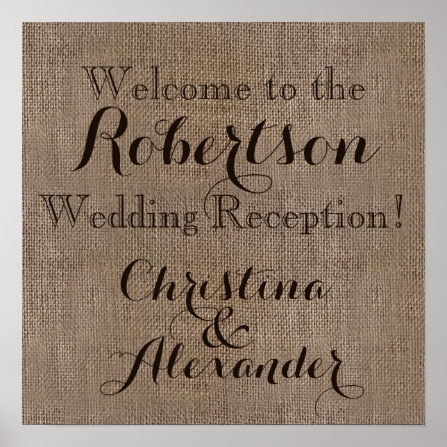 Vintage Burlap Wedding Reception Welcome Sign (Front)