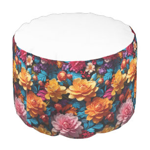 Vintage Burnt Colorful Floral Cottagecore Pouf
