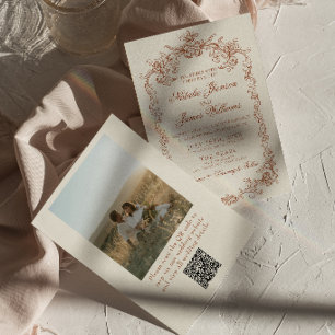 Vintage Burnt Oran Old Money Photo QR Code Wedding Invitation