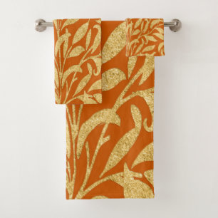 Vintage Burnt Orange and Gold Leaves Pattern Bath Towel Set