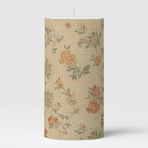 Vintage Burnt Orange and Sage Green Floral Pillar Candle