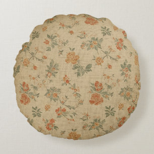 Vintage Burnt Orange and Sage Green Floral Round Pillow