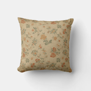 Vintage Burnt Orange and Sage Green Floral Throw Pillow