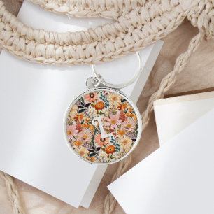 Vintage Burnt Orange Floral Monogram Keychain