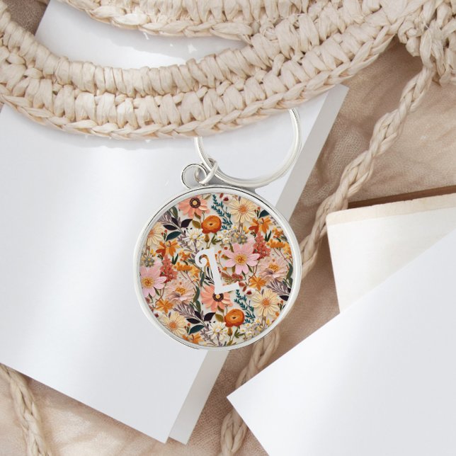 Vintage Burnt Orange Floral Monogram Keychain (Creator Uploaded)