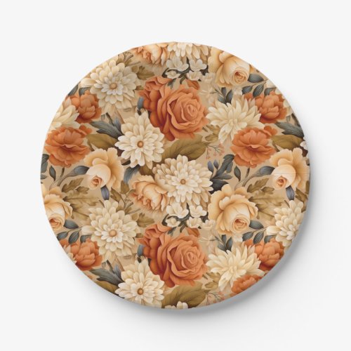 Vintage burnt orange tan beige flowers paper plates