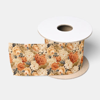 Vintage burnt orange tan beige flowers satin ribbon