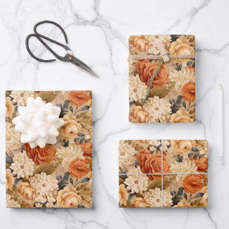 Vintage burnt orange tan beige flowers wrapping paper sheets