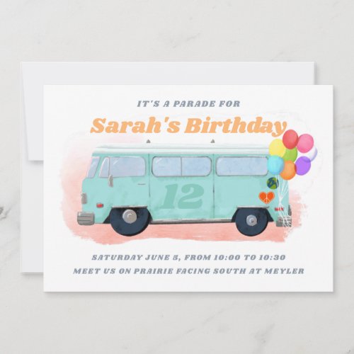 Vintage Bus Retro 70s Birthday Parade Invitation