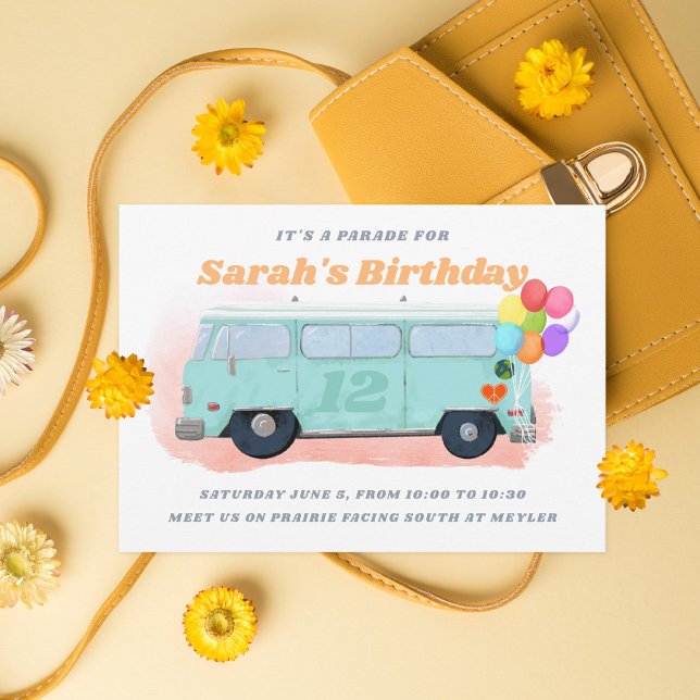 Vintage Bus Retro 70s Birthday Parade Invitation (Creator Uploaded)