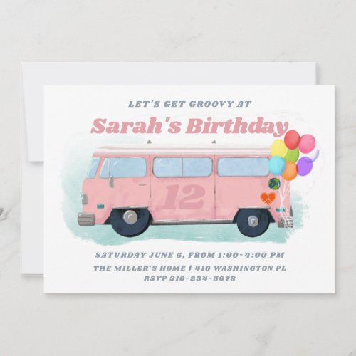 Vintage Bus Retro 70s Groovy Birthday Party Invitation