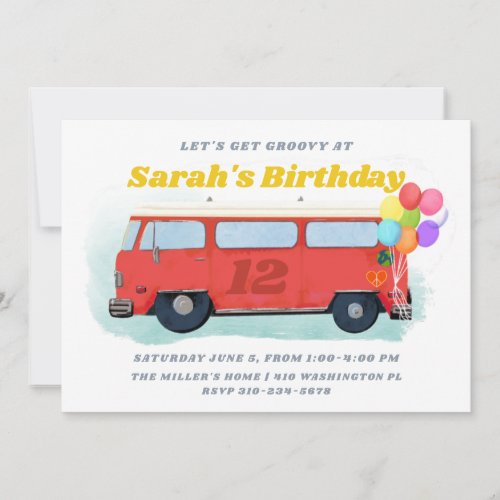 Vintage Bus Retro 70s Groovy Birthday Party Invitation