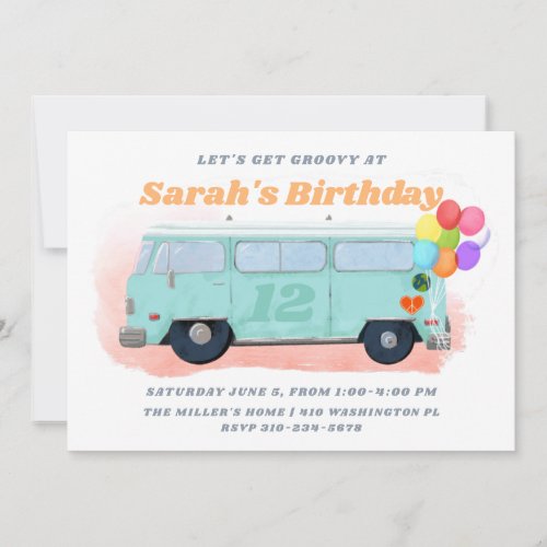 Vintage Bus Retro 70s Groovy Birthday Party Invitation