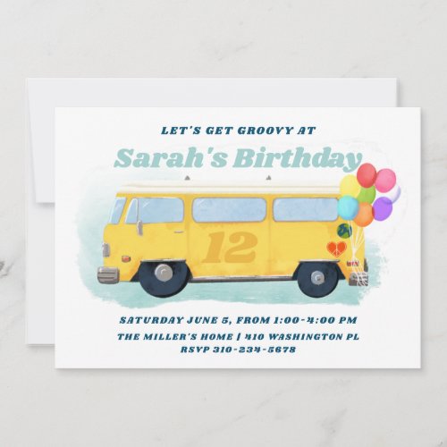 Vintage Bus Retro 70s Groovy Birthday Party Invitation