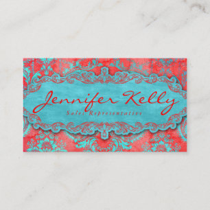 Vintage Business Card Damask Suede Blue Red 2