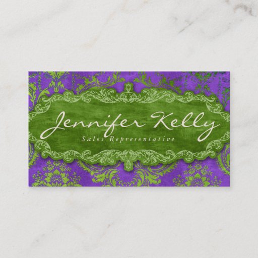 Customizable Vintage Business Card Damask Suede Purple Green