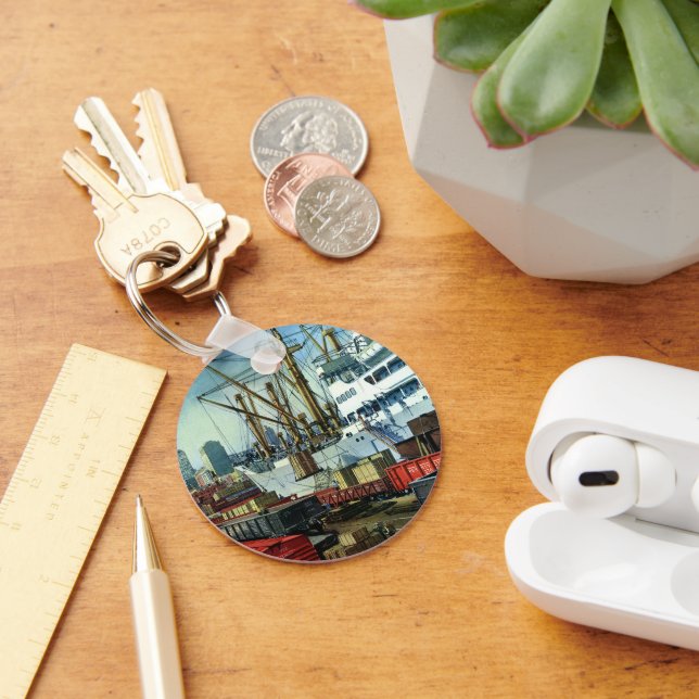 Vintage Business, Docked Cargo Ship Transportation Keychain (Desk)