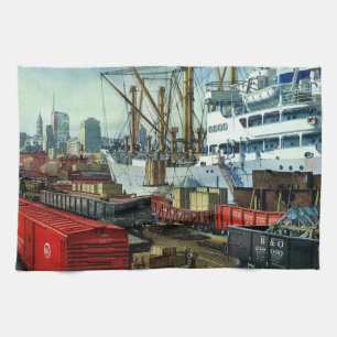 Vintage Business, Docked Cargo Ship Transportation Kitchen Towel