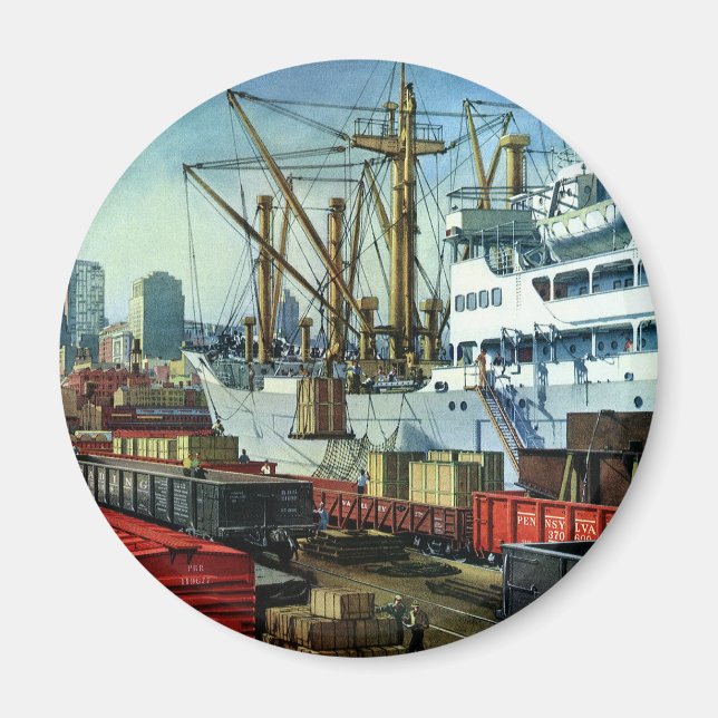 Vintage Business, Docked Cargo Ship Transportation Magnet (Front)