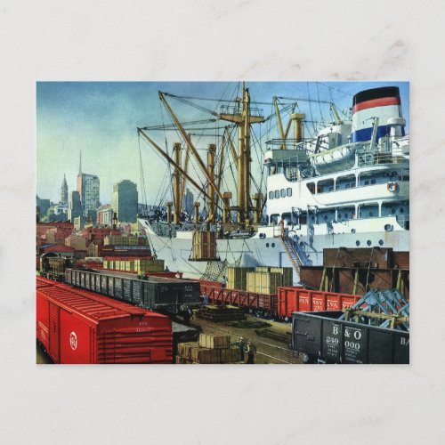 Vintage Business Docked Cargo Ship Transportation Postcard