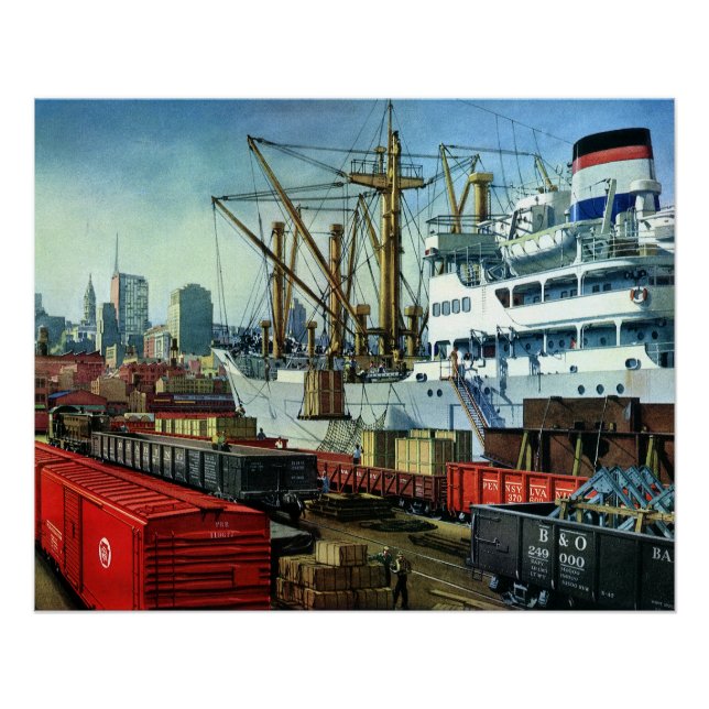 Vintage Business, Docked Cargo Ship Transportation Poster (Front)