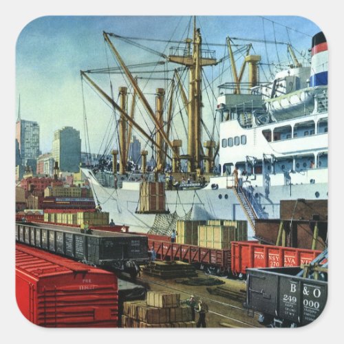 Vintage Business Docked Cargo Ship Transportation Square Sticker