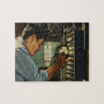 Vintage Business Electrician Circuit Breaker Panel Jigsaw Puzzle<br><div class="desc">Vintage illustration business industry design featuring an electrician repairman with a flashlight examining the wires and circuit breakers of an electrical panel in a commercial or residential building during a power outage. A man in the construction trade.</div>