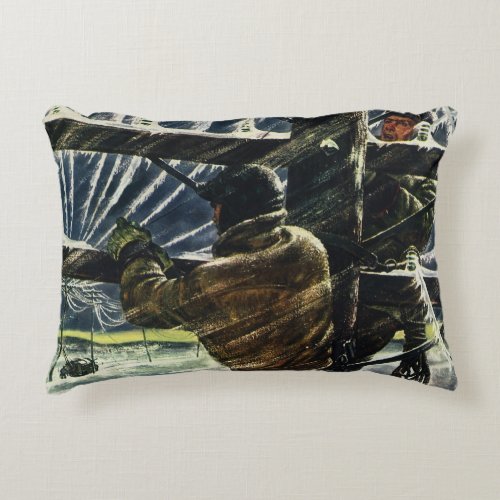 Vintage Business Electrician Working in Snow Storm Accent Pillow
