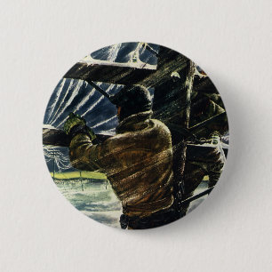 Vintage Business Electrician Working in Snow Storm Button