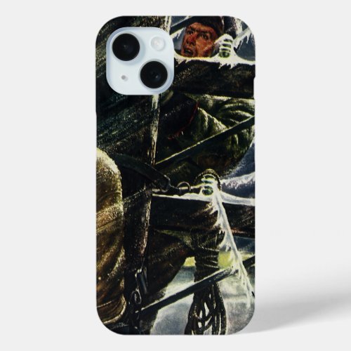 Vintage Business Electrician Working in Snow Storm iPhone 15 Case