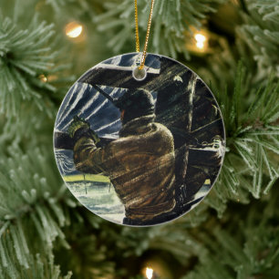 Vintage Business Electrician Working in Snow Storm Ceramic Ornament