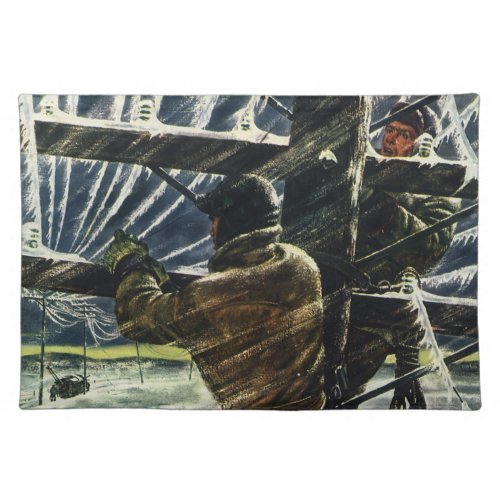 Vintage Business Electrician Working in Snow Storm Cloth Placemat