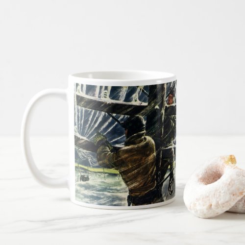 Vintage Business Electrician Working in Snow Storm Coffee Mug