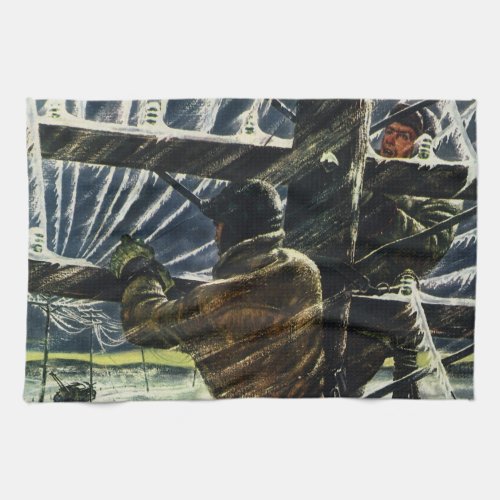 Vintage Business Electrician Working in Snow Storm Kitchen Towel