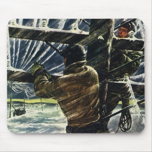 Vintage Business Electrician Working in Snow Storm Mouse Pad