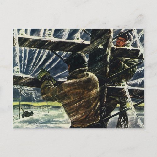 Vintage Business Electrician Working in Snow Storm Postcard