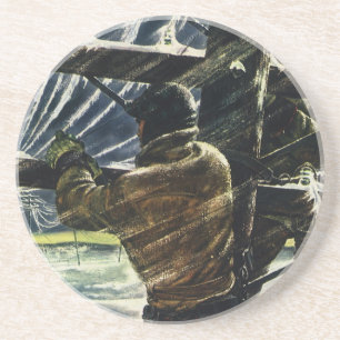 Vintage Business Electrician Working in Snow Storm Sandstone Coaster