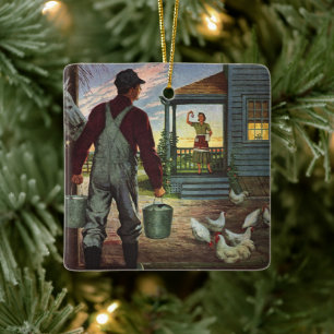 Vintage Business, Farm with Farmer and Chickens Ceramic Ornament