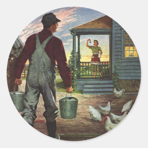 Vintage Business Farm with Farmer and Chickens Classic Round Sticker