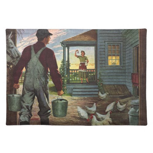 Vintage Business Farm with Farmer and Chickens Cloth Placemat