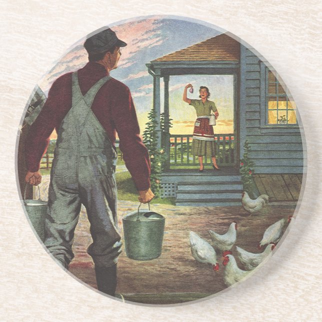 Vintage Business, Farm with Farmer and Chickens Coaster (Front)