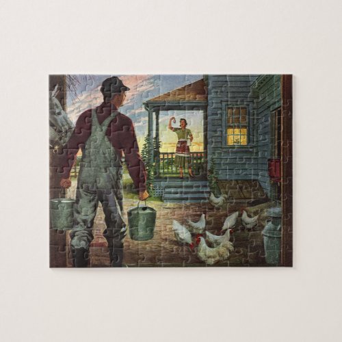 Vintage Business Farm with Farmer and Chickens Jigsaw Puzzle