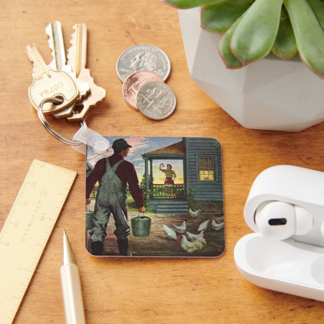 Vintage Business, Farm with Farmer and Chickens Keychain (Desk)