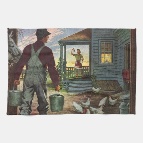 Vintage Business Farm with Farmer and Chickens Kitchen Towel