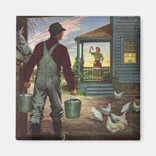 Vintage Business, Farm with Farmer and Chickens Magnet