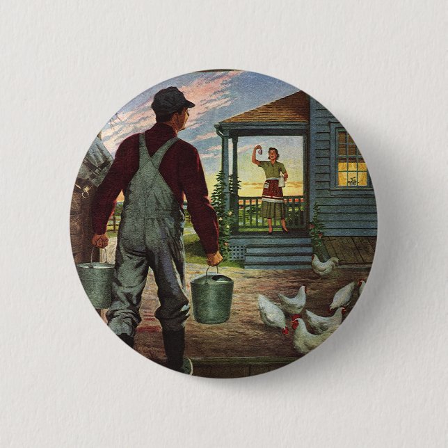Vintage Business, Farm with Farmer and Chickens Pinback Button (Front)