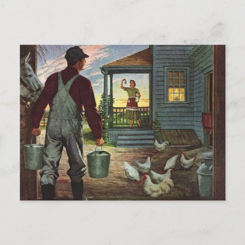 Vintage Business Farm with Farmer and Chickens Postcard