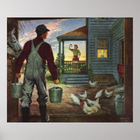 Vintage Business, Farm with Farmer and Chickens