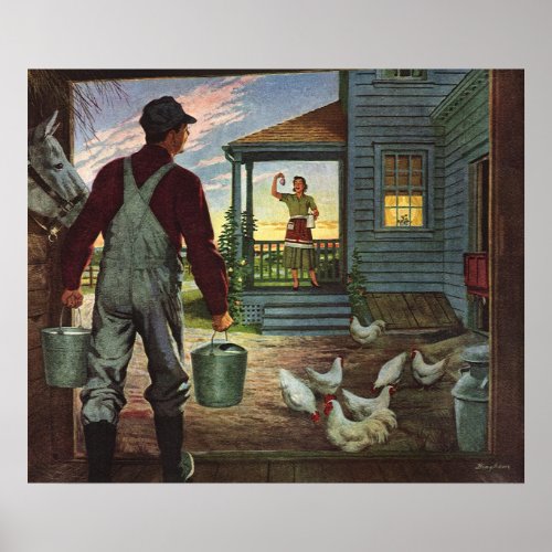 Vintage Business Farm with Farmer and Chickens Poster