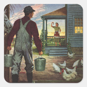 Vintage Business, Farm with Farmer and Chickens Square Sticker